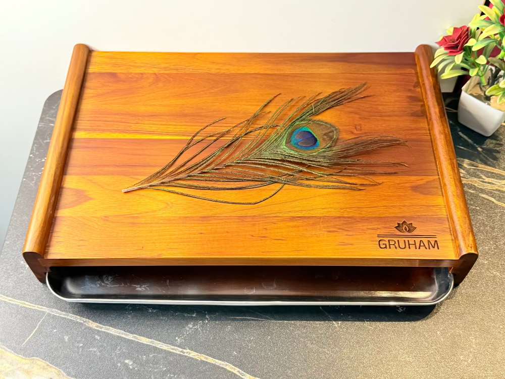 SmartTray™ Teakwood Cutting Board with Steel Collection Tray - gruham