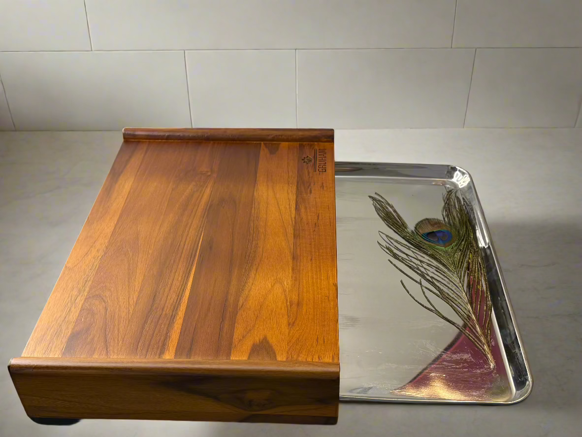 SmartTray™ Teakwood Cutting Board with Steel Collection Tray - gruham