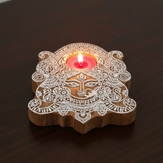 Durga Devi Wooden Tea Light Candle Holder