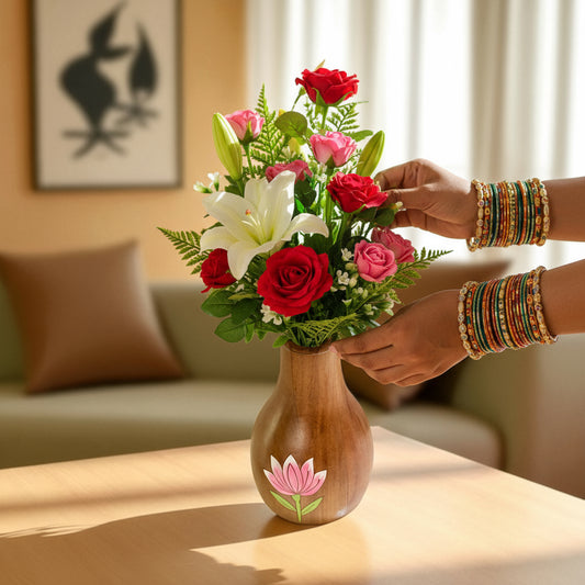 Padma Lotus Wooden Planter – Hand-Painted Decorative Flower Vase