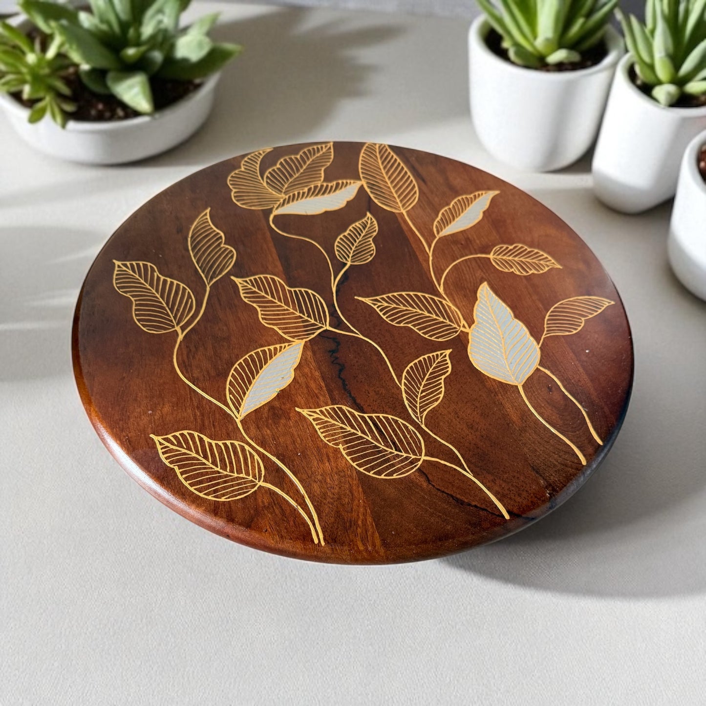 Premium Wooden Lazy Susan – Handcrafted Leaf Design | 16 inches