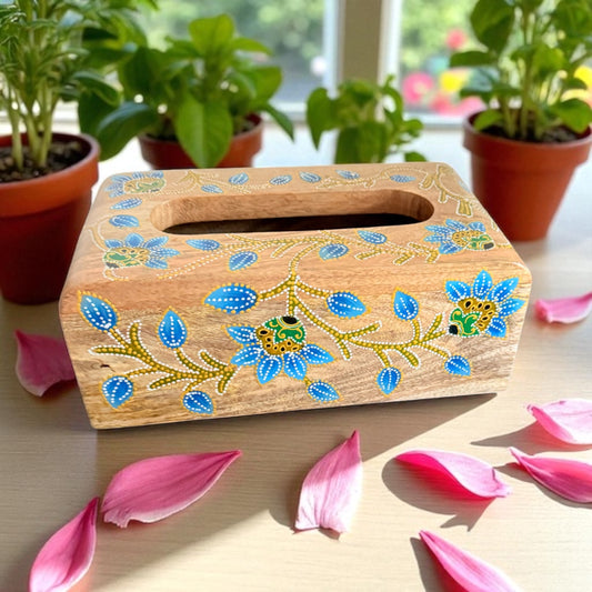 Neela Katha Tissue Holder – Folk Art Inspired Blue Floral Wooden Box