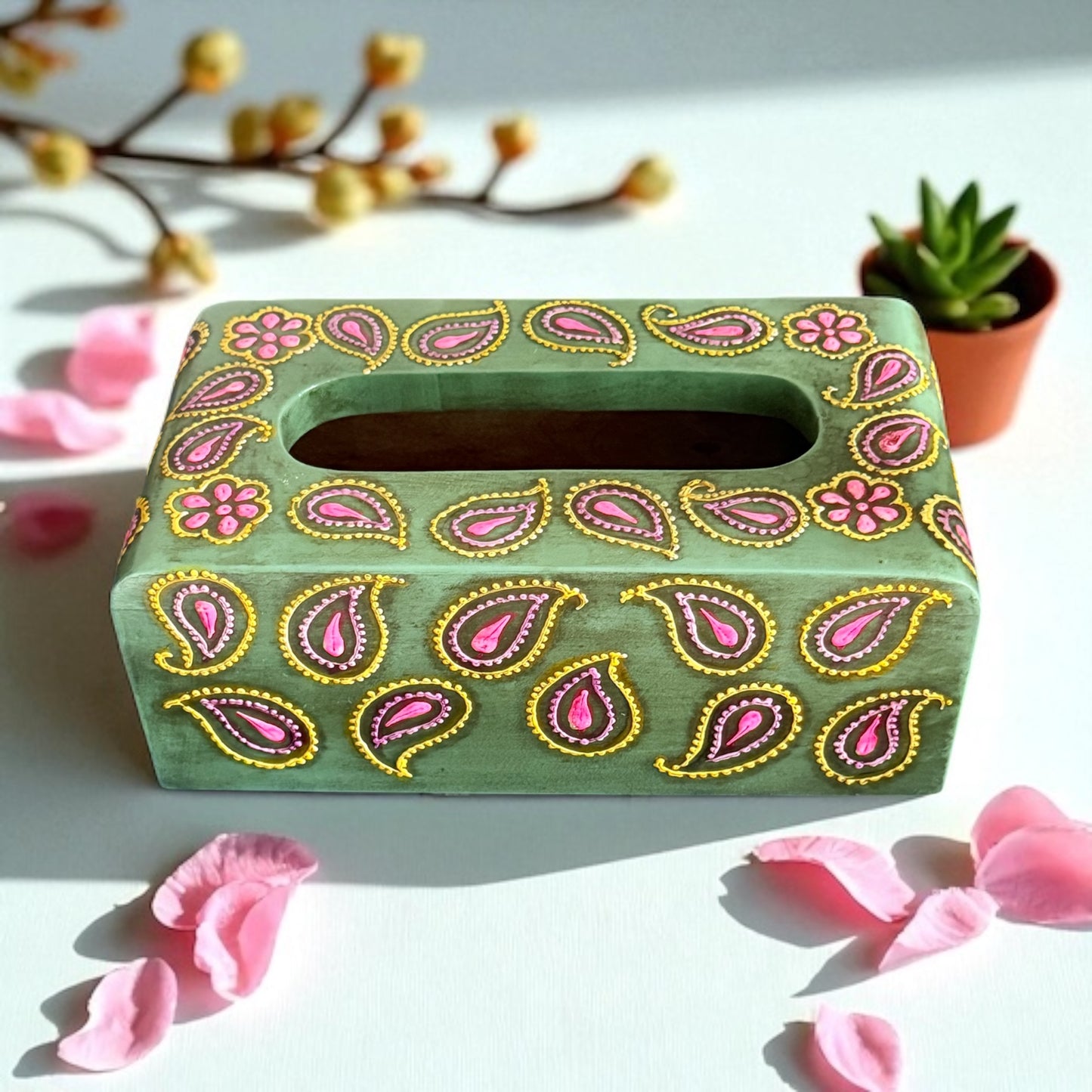 Mehfil Paisley Tissue Holder – Handpainted Green Box with Festive Vibe