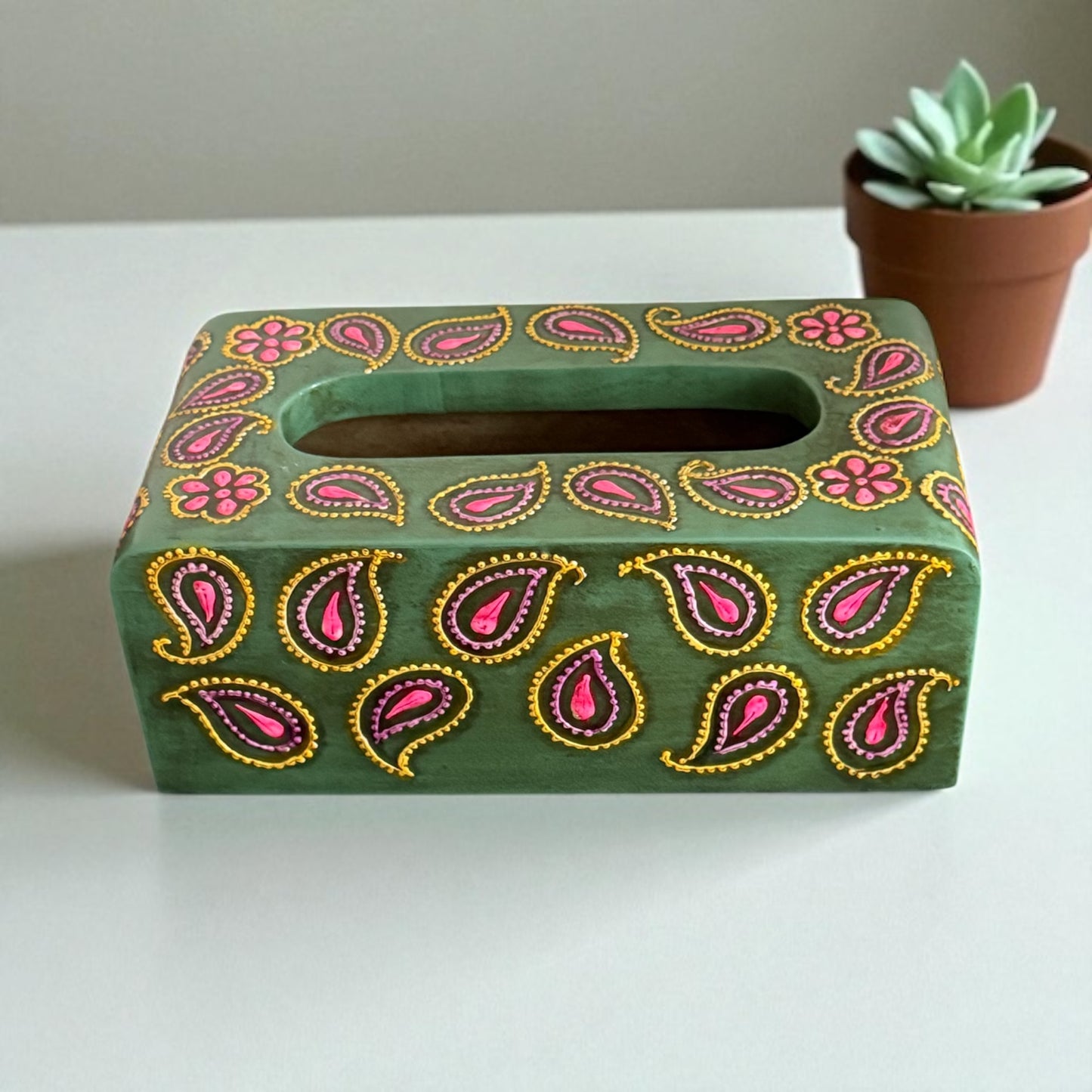 Mehfil Paisley Tissue Holder – Handpainted Green Box with Festive Vibe