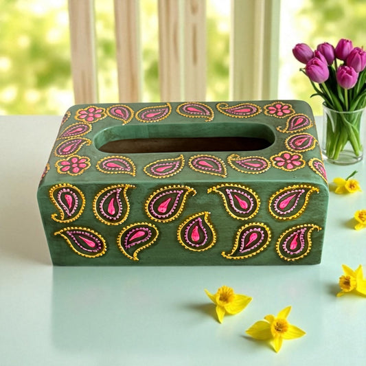 Mehfil Paisley Tissue Holder – Handpainted Green Box with Festive Vibe