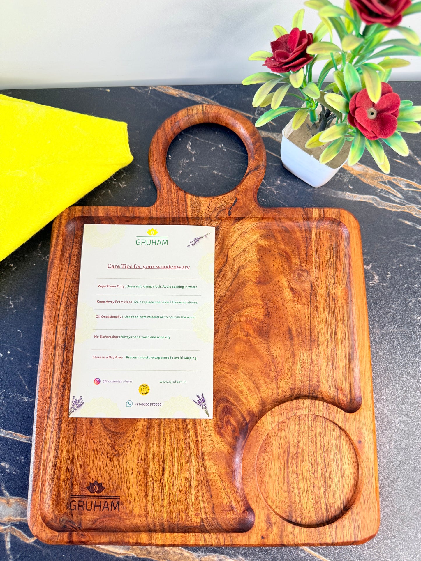 GRUHAM Handcrafted Wooden Square Platter | Eco-Friendly Serving Tray for Snacks & Dining