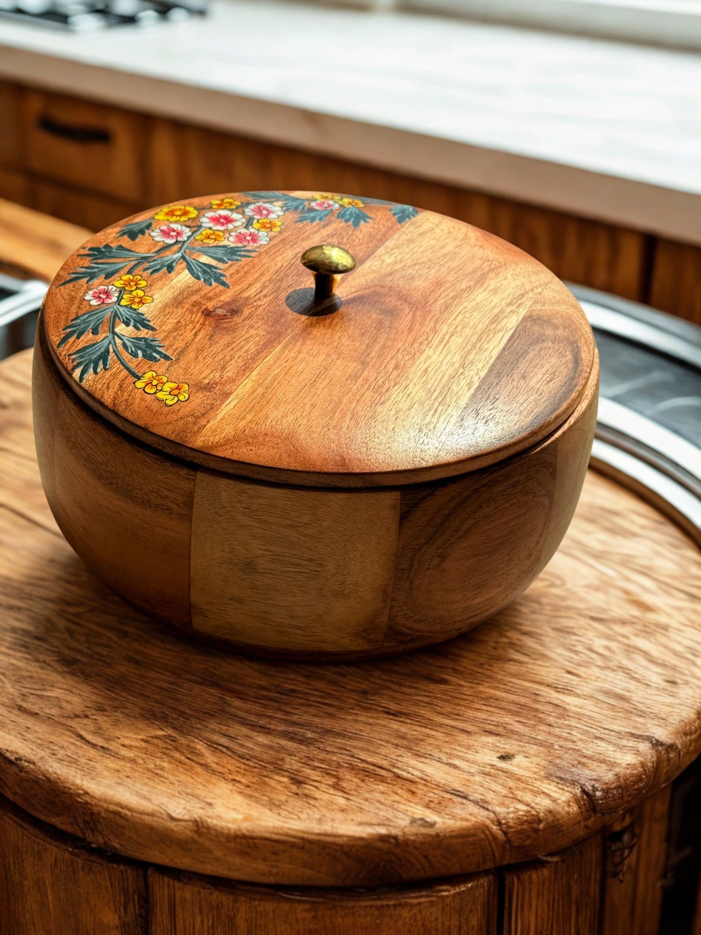 Gulnaar Roti Box – Hand - Painted Floral Wooden Chapati Box - gruham