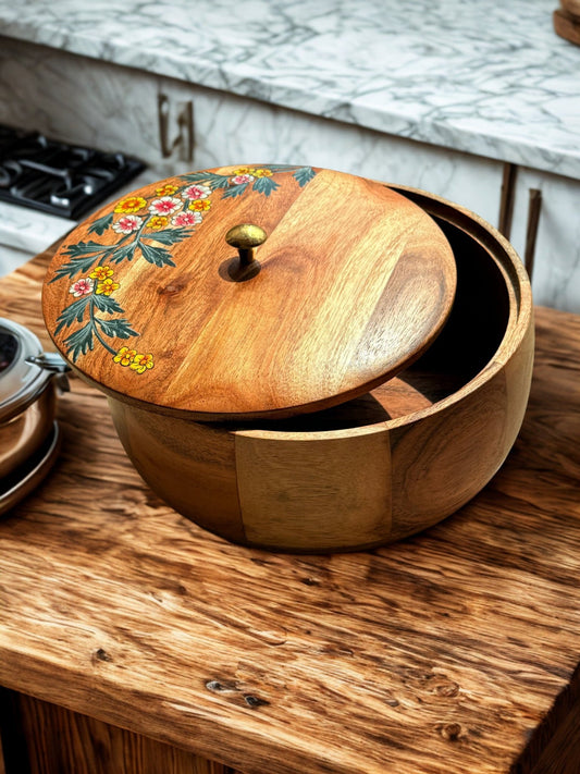 Gulnaar Roti Box – Hand - Painted Floral Wooden Chapati Box - gruham