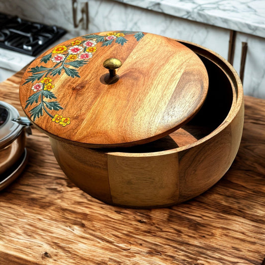 Gulnaar Roti Box – Hand-Painted Floral Wooden Chapati Box