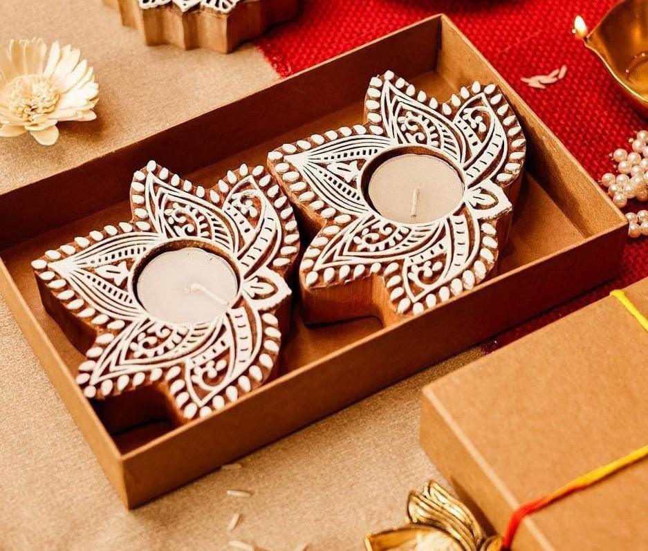 Lotus Shaped Wooden Candle Holder | Set of 2 - gruham