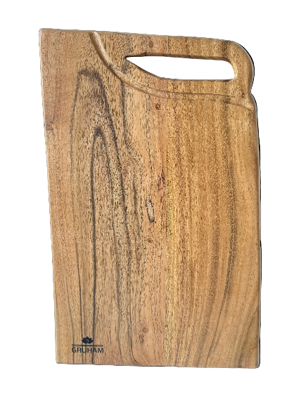 Wooden cutting board with handle on a white background