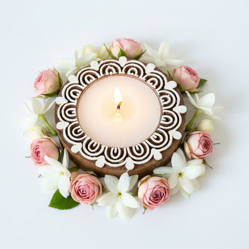 Decorative candle holder with intricate patterns on a white background