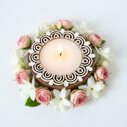 Decorative candle holder with intricate patterns on a white background