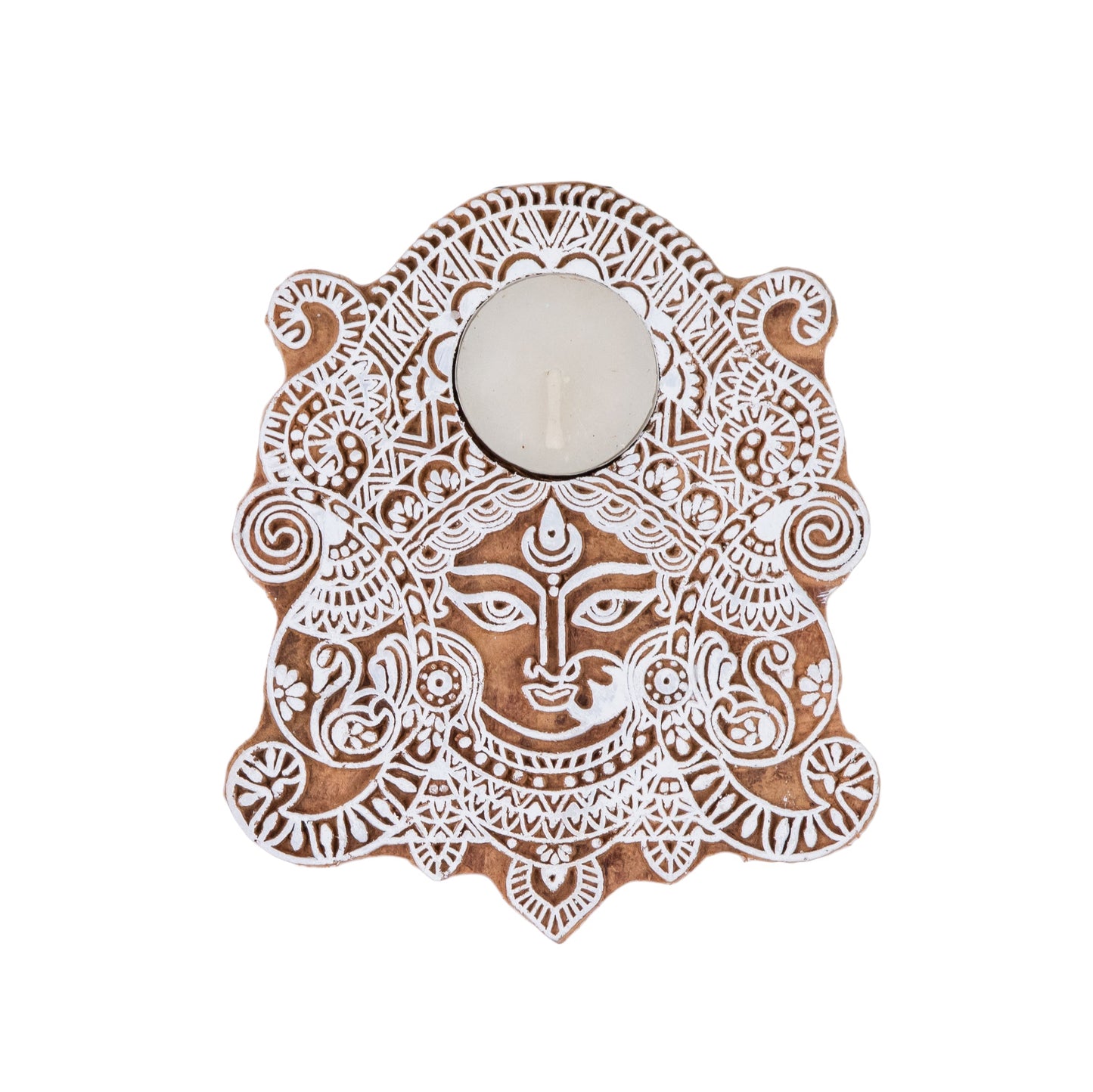 Decorative wall art with a face design on a white background