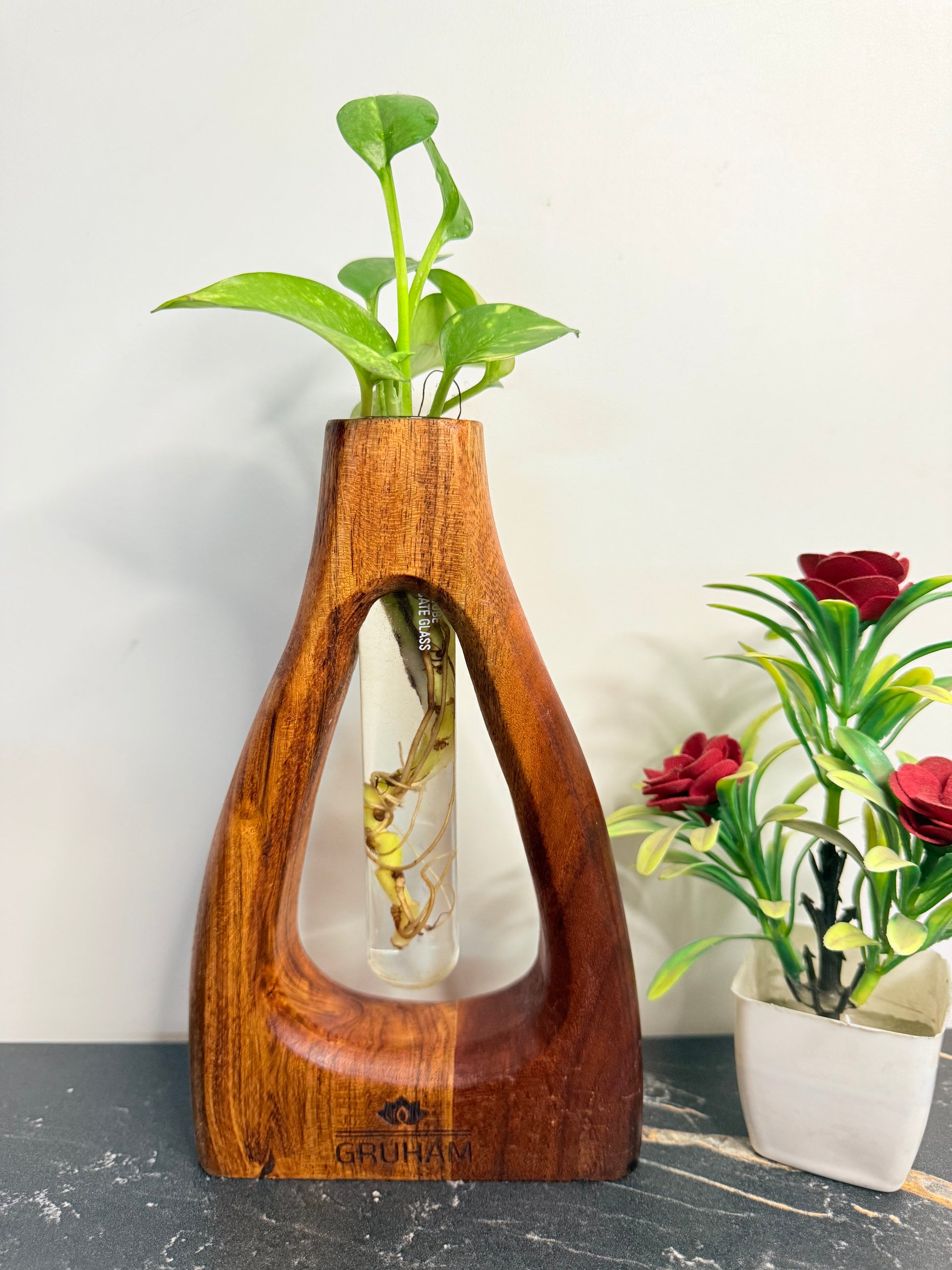 GRUHAM D-Cut Wooden Planter - Handcrafted Eco-Friendly Indoor Plant Holder