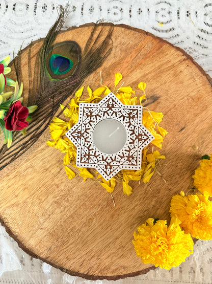 Diya Shaped Wooden Tea light Candle Holder : Set of 2 - gruham