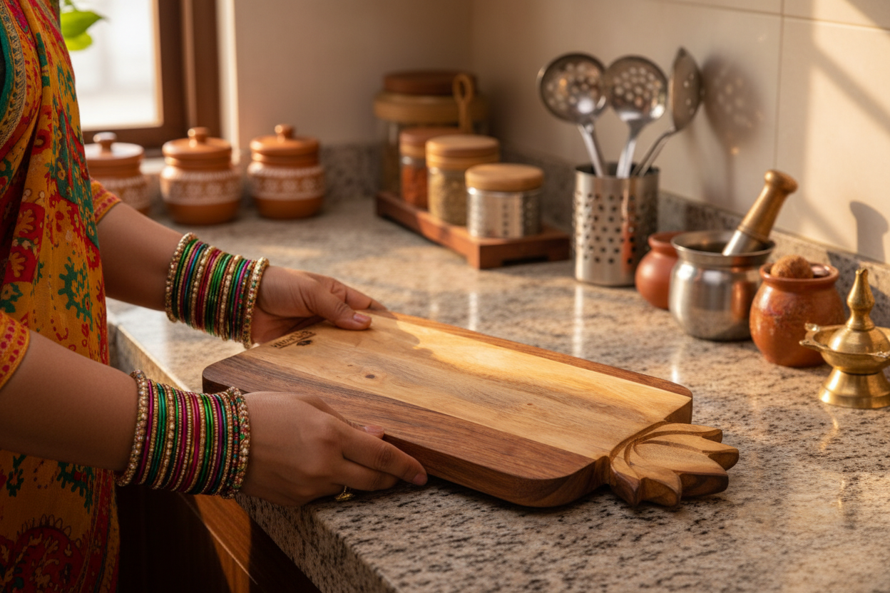 Lotus Handle Acacia Wood Cutting Board with Round Handle