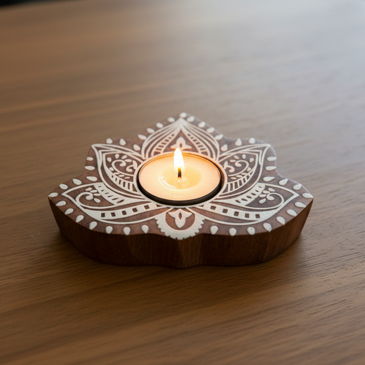Lotus Shaped Wooden Candle Holder : Set of 2