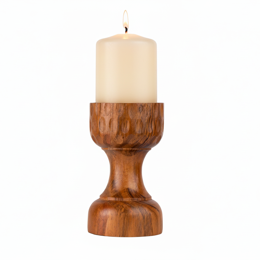 Wooden candle holder with a white candle on a white background