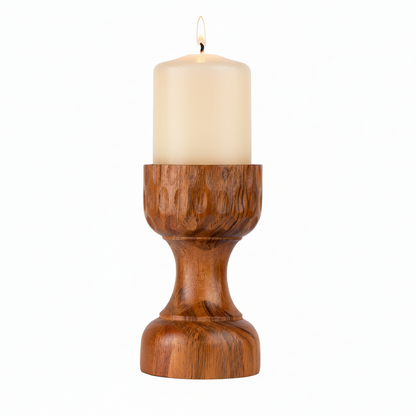 Wooden candle holder with a white candle on a white background
