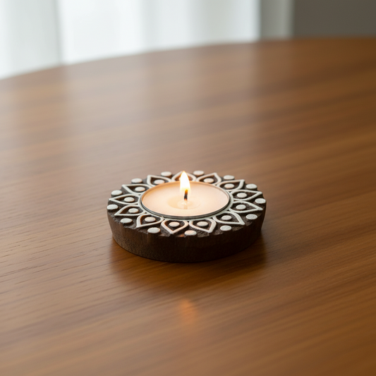 Decorative candle holder with white candle on a white background