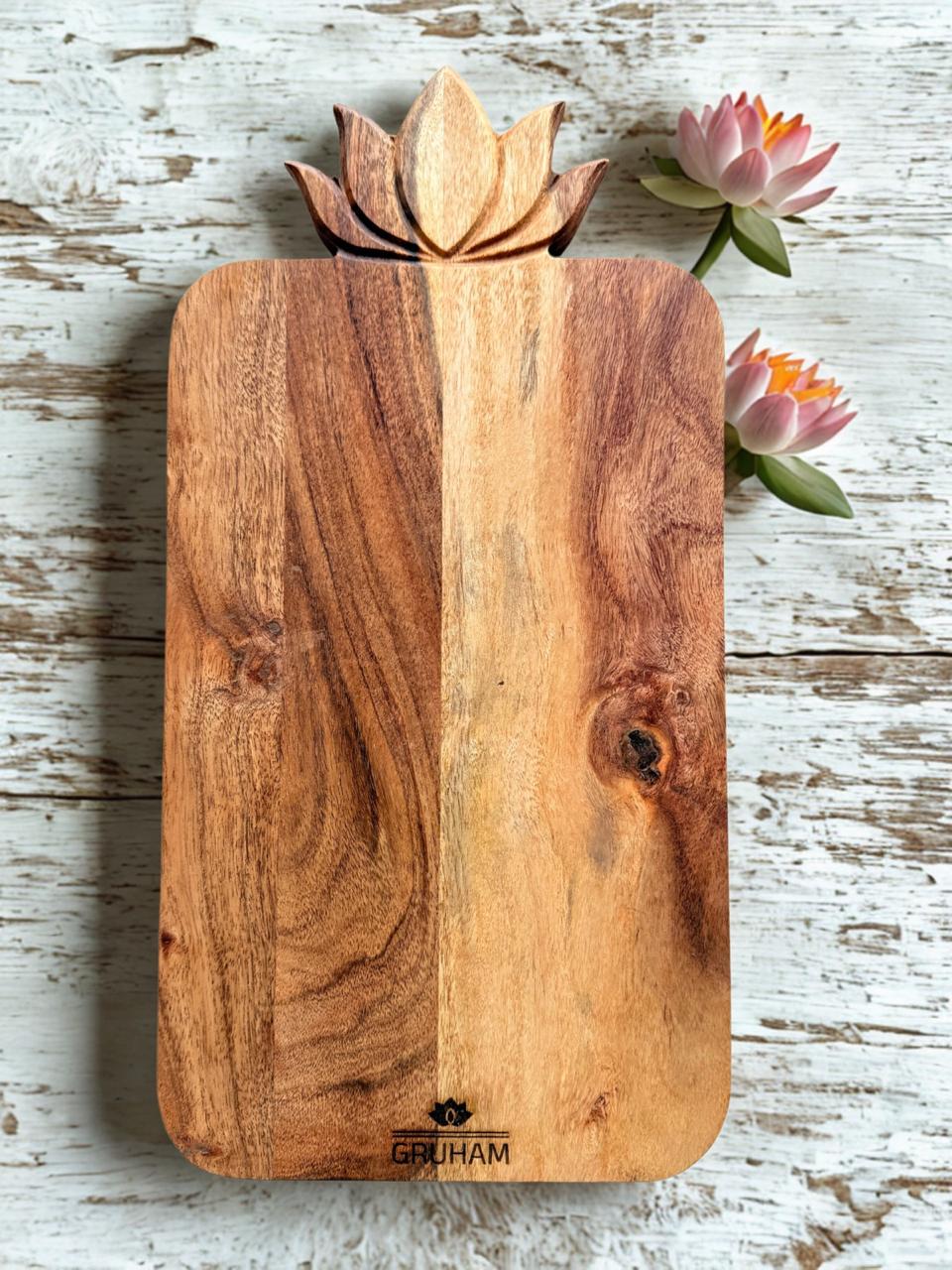 Lotus Handle Acacia Wood Cutting Board with Round Handle