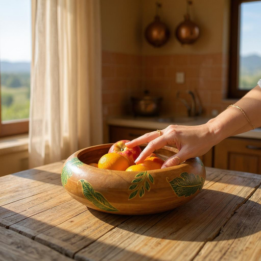 Hariyali Wooden Fruit Bowl – Handpainted Tropical Leaf Design