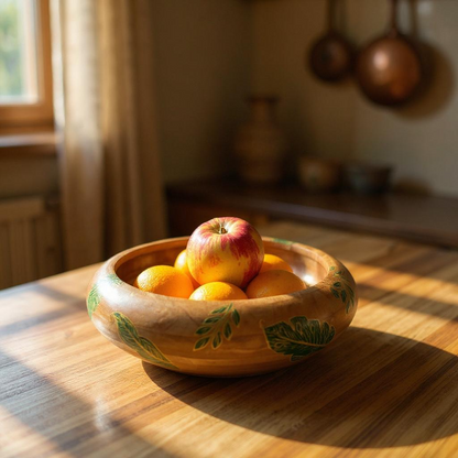 Hariyali Wooden Fruit Bowl – Handpainted Tropical Leaf Design