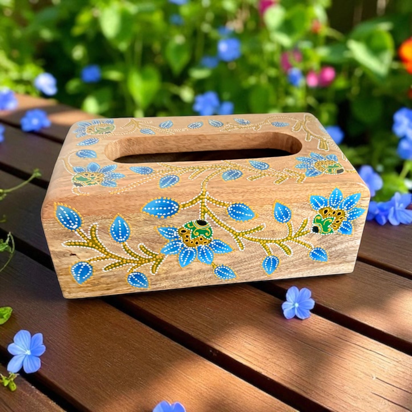Neela Katha Tissue Holder – Folk Art Inspired Blue Floral Wooden Box