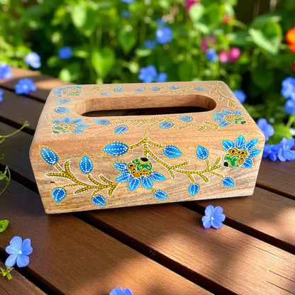 Neela Katha Tissue Holder – Folk Art Inspired Blue Floral Wooden Box