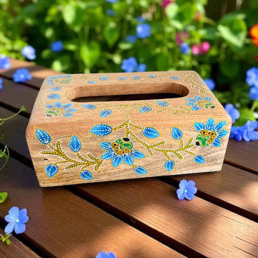 Neela Katha Tissue Holder – Folk Art Inspired Blue Floral Wooden Box