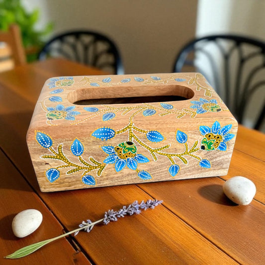 Neela Katha Tissue Holder – Folk Art Inspired Blue Floral Wooden Box