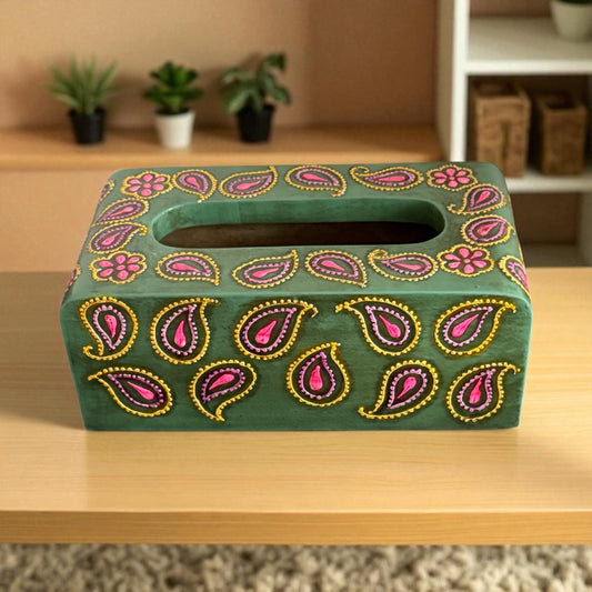 Mehfil Paisley Tissue Holder – Handpainted Green Box with Festive Vibe