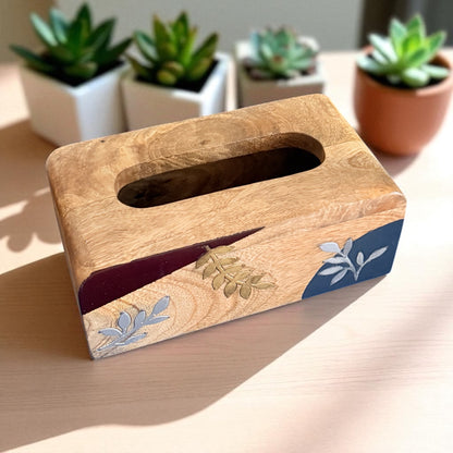 Aaranya Wooden Tissue Holder – Natural Wood with Minimal Foliage Accents