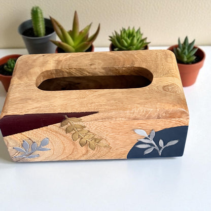 Aaranya Wooden Tissue Holder – Natural Wood with Minimal Foliage Accents
