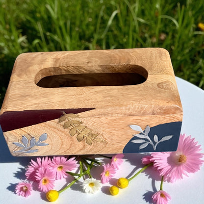 Aaranya Wooden Tissue Holder – Natural Wood with Minimal Foliage Accents