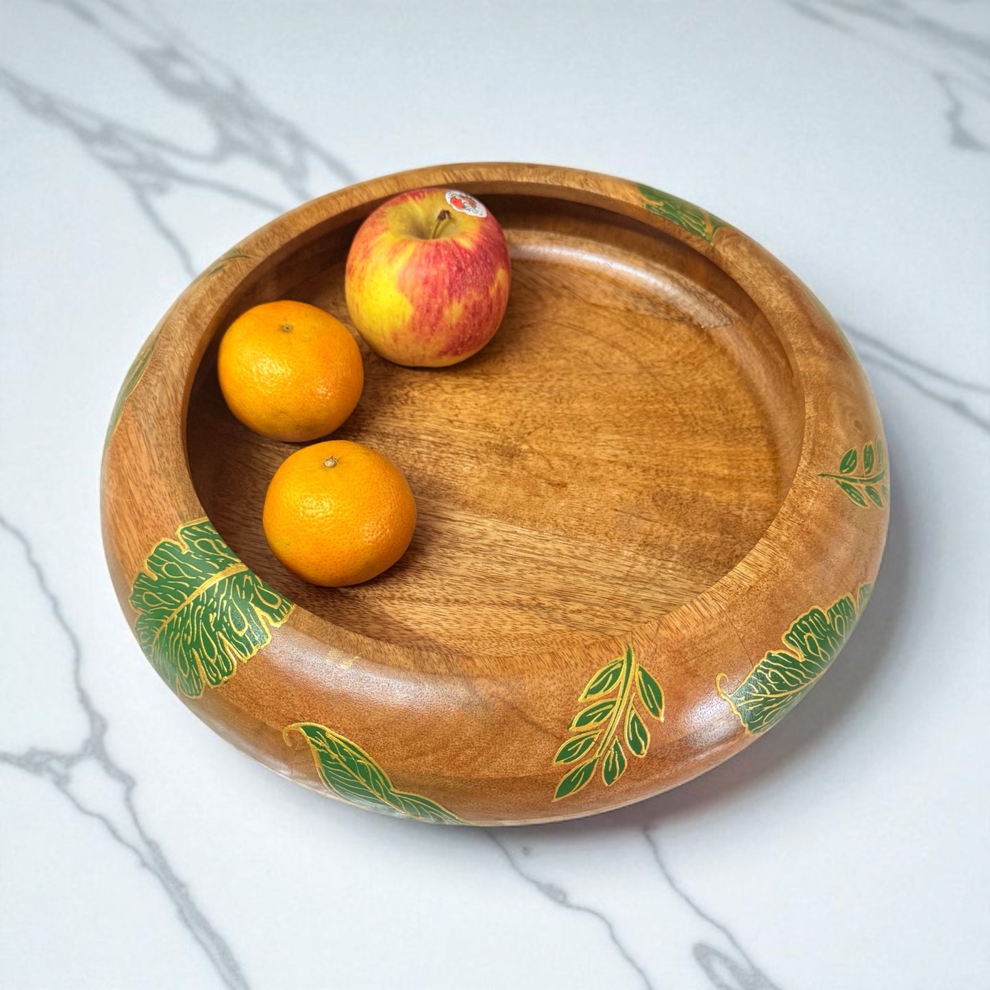 Hariyali Wooden Fruit Bowl – Handpainted Tropical Leaf Design