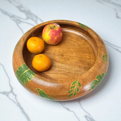 Hariyali Wooden Fruit Bowl – Handpainted Tropical Leaf Design