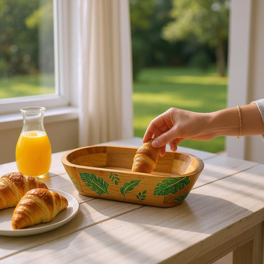 Person picking up a croissant from a wooden bowl with leaf patterns on a table by a window.