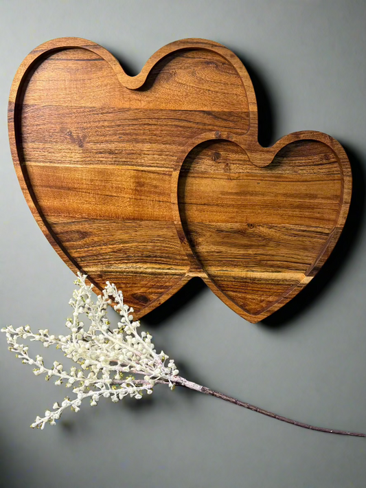 Smooth acacia wood finish on GRUHAM HeartGlow™ large heart platter