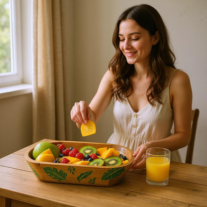 Woman enjoying a healthy snack with a bowl of fruit and a glass of orange juice.