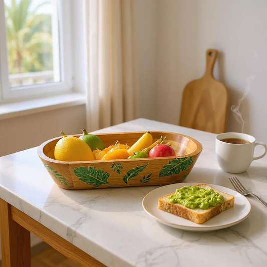 Wooden bowl with fruits and vegetables on a marble table with toast and coffee.