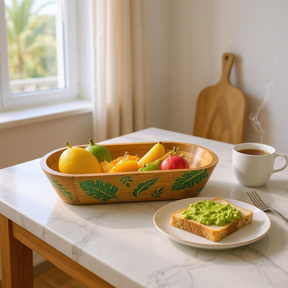 Wooden bowl with fruits on a marble table with avocado toast and coffee.