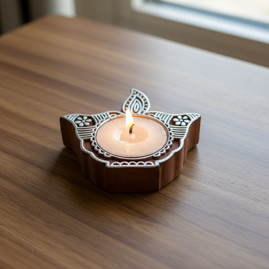 Diya Shaped Wooden Tea light Candle Holder : Set of 2