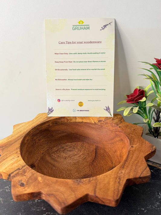 Detailed close-up of GRUHAM Star Shaped Wooden Bowl showing natural wood texture and smooth finish