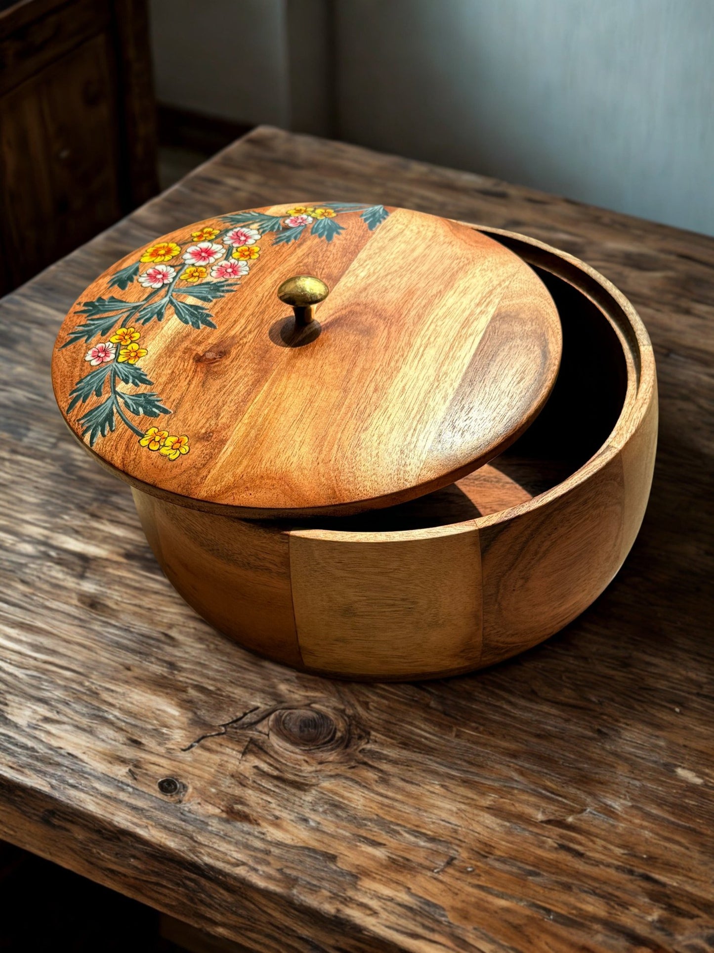 Gulnaar Roti Box – Hand - Painted Floral Wooden Chapati Box - gruham