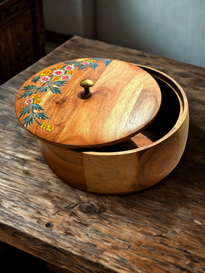 Gulnaar Roti Box – Hand - Painted Floral Wooden Chapati Box - gruham