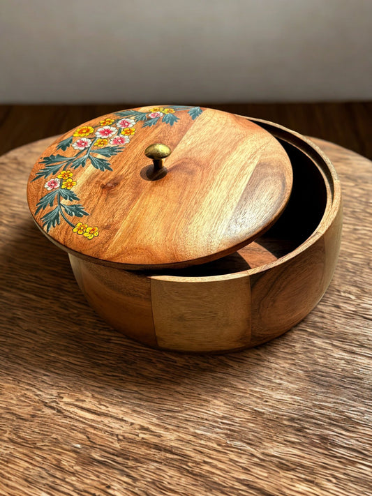 Gulnaar Roti Box – Hand - Painted Floral Wooden Chapati Box - gruham