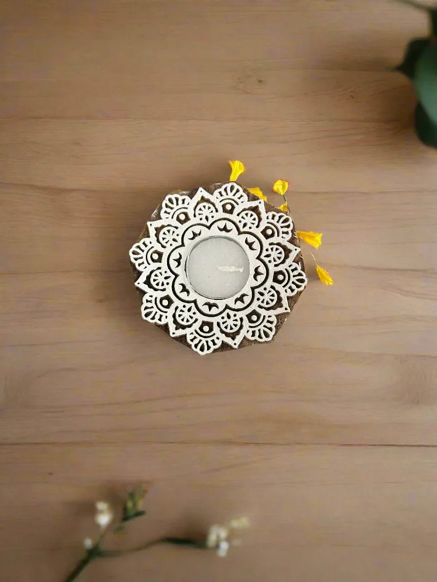 Mandala Shaped Wooden Tea light Candle Holder - gruham