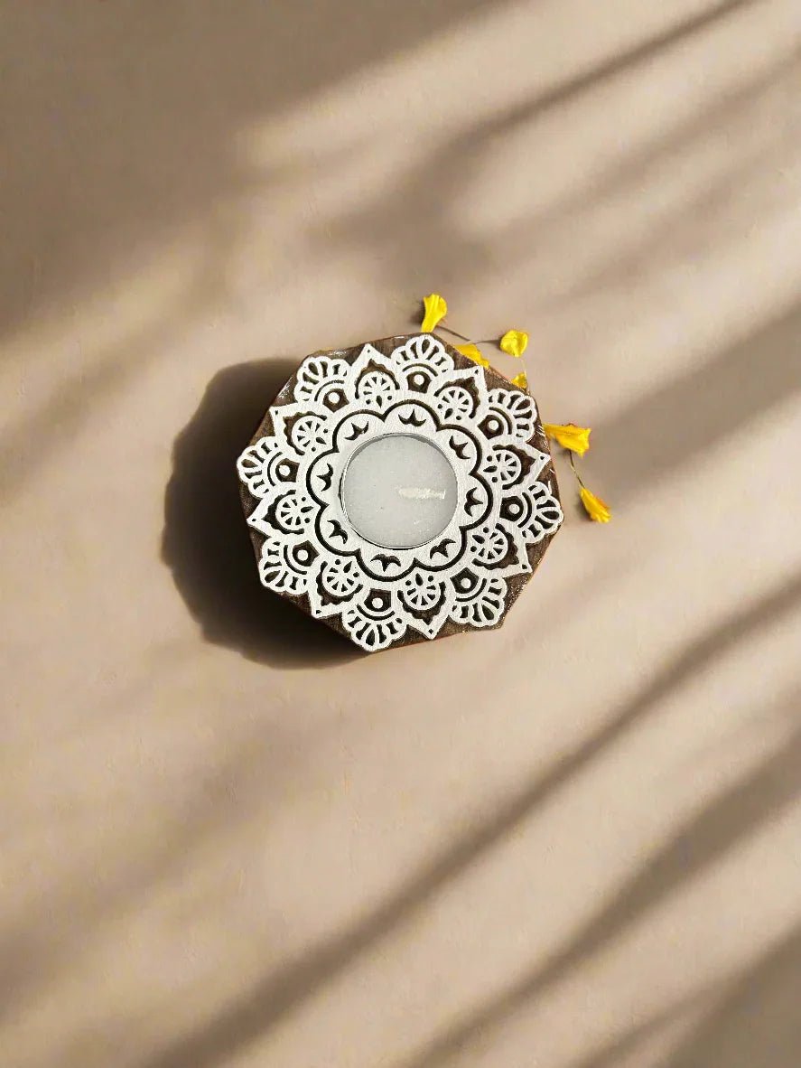 Mandala Shaped Wooden Tea light Candle Holder - gruham